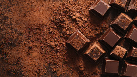Overhead view of chocolate squares and cocoa powder, with plenty of copy spaceの素材