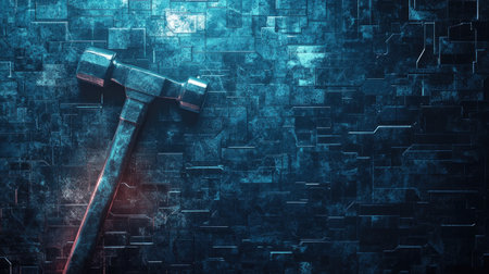 Top view of a hammer set against a glowing digital backdrop, with clear space for text or messaging.の素材