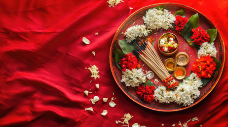 Top view of a beautifully arranged Puja thali with incense sticks, flowers, and offerings on red fabricの素材