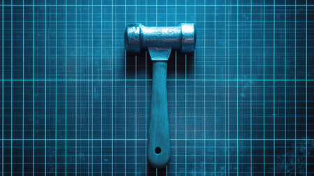 A hammer placed on a digital grid background, viewed from above, with room for copy in the futuristic design.の素材