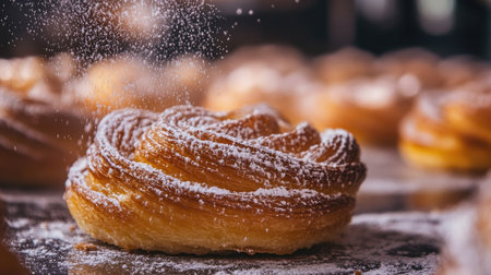 Close-up of a European festival pastry being dusted with sugar, with ample room for copyの素材