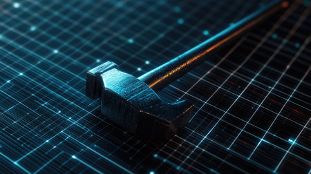 A hammer placed on a digital grid background, viewed from above, with room for copy in the futuristic design.の素材