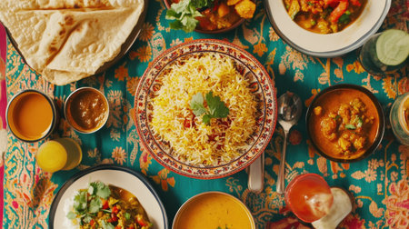Top view of a traditional Indian meal with biryani, curry, and assorted dishes on a vibrant tableclothの素材