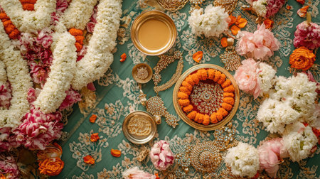 Top view of traditional Indian wedding decorations including garlands, mehndi designs, and jewelryの素材