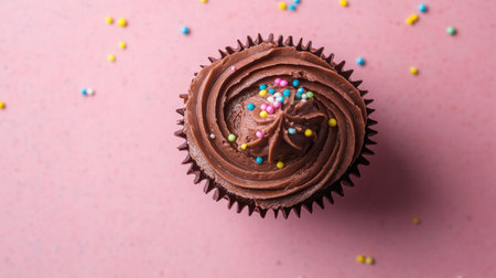 Top view of a chocolate cupcake with sprinkles, with ample space for your messageの素材
