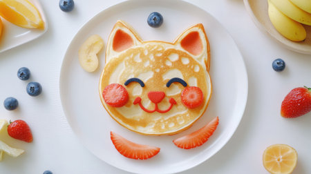 Top view of a playful cat face made from pancakes and fruit, ideal for 3-4 year oldsの素材