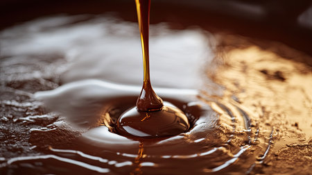 Close-up shot of chocolate syrup drizzling on a plate, with a clean area for textの素材