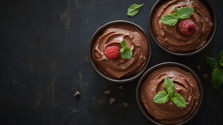 Overhead shot of chocolate mousse with a garnish, leaving space for text or brandingの素材