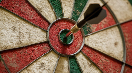 Close-up of a dart hitting the bullseye of a red and white target, leaving ample copy space for textの素材