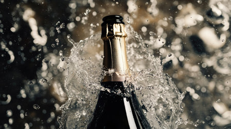 Overhead view of a champagne bottle mid-splash, perfect for party themes with space for festive messagingの素材