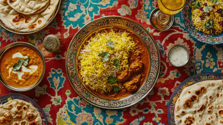 Top view of a traditional Indian meal with biryani, curry, and naan bread on a vibrant tableclothの素材