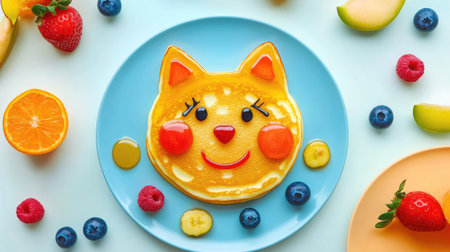 Colorful pancake cat face with fruit and syrup, perfect for kids' breakfast. Top view, playful designの素材