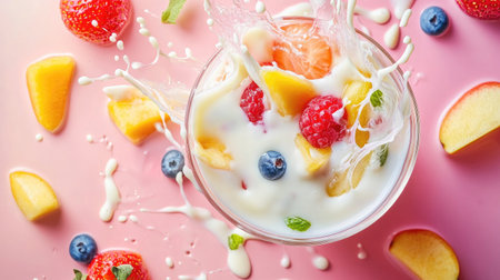 Top view of vibrant mixed fruit milk splashing out of a glass, ideal for promotional text and clean backgroundの素材