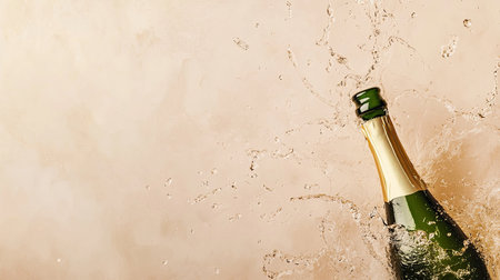 Overhead shot of a champagne bottle mid-pop with water splashing out, surrounded by blank space for copyの素材