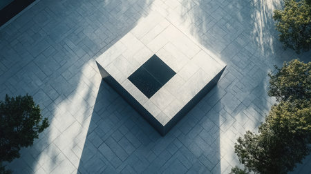 Aerial view of a modern architectural podium, surrounded by ample copy space for text or brandingの素材