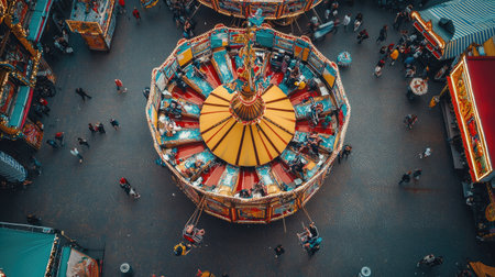 Birds-eye view of a European festival carousel, with space for text at the bottomの素材