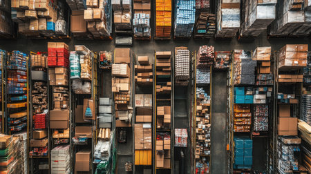 Organized warehouse shelves filled with goods in boxes, captured from above, leaving room for text.の素材