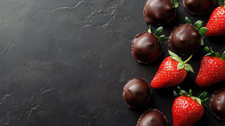 Bird-eye view of chocolate-covered strawberries with room for your messageの素材