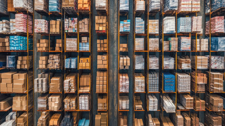 Organized warehouse shelves filled with goods in boxes, captured from above, leaving room for text.の素材