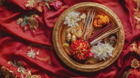 Top view of a beautifully arranged Puja thali with incense sticks, flowers, and offerings on red fabricの素材