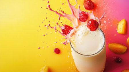 Top view of mixed fruit flavored milk splashing into a glass, with vibrant colors and ample copy spaceの素材
