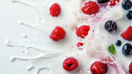 Top-down perspective of milk flavored with mixed fruits, with splash effect and ample space for text or brandingの素材