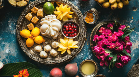 Top view of Ganesh Chaturthi offerings with fruits, sweets, and flowers on a decorative trayの素材