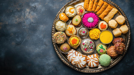 Top view of traditional Indian sweets assortment including laddoo, barfi, and jalebi on a festive platterの素材