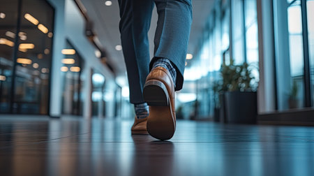 Focus on the feet of a businessman walking on a modern office floor, leaving room for text in the frame.の素材