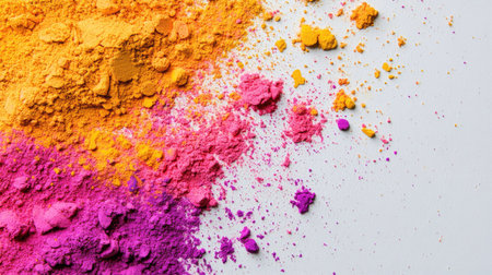 Top view of vibrant Holi powder colors scattered on a white surface, ready for celebrationの素材