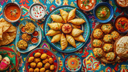 Top view of assorted Indian snacks like samosas and pakoras on a vibrant patterned tableclothの素材