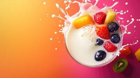 Top view of vibrant mixed fruit milk splashing out of a glass, ideal for promotional text and clean backgroundの素材