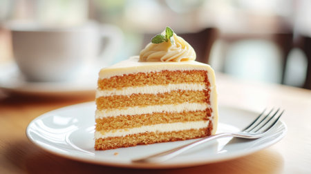 Close-up of a cake slice with a fork resting beside it on a plate, ready to be enjoyedの素材