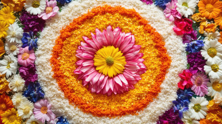 Top view of a vibrant rangoli design made with colorful rice grains and flower petalsの素材