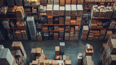 Warehouse storage area with packed shelves, viewed from above, with plenty of copy space available.の素材