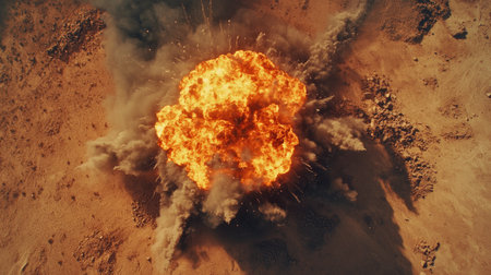 A massive explosion captured from above in a barren desert, with empty space around for text.の素材