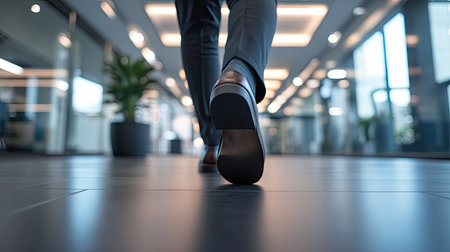 Focus on the feet of a businessman walking on a modern office floor, leaving room for text in the frame.の素材