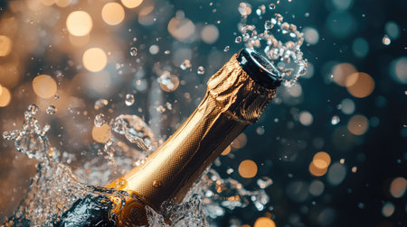 Top view of a champagne bottle with water splashing out, creating a dynamic scene with space for celebration-related textの素材