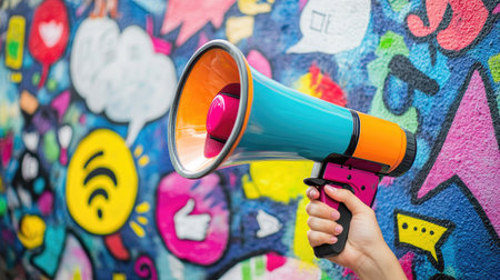Close-up of a hand holding a megaphone with vibrant graphics and symbols around it, indicating promotional and advertising activitiesの素材