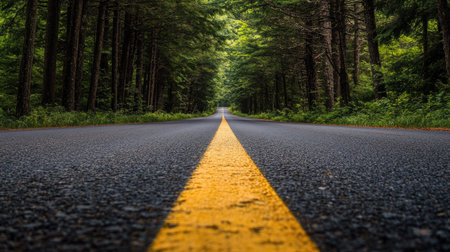 A peaceful road flanked by trees on both sides, with a yellow line guiding the way down the centerの素材