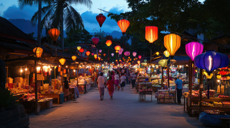 The bustling night market in Luang Prabang, Laos, filled with colorful lanterns and stalls. Copy space availableの素材
