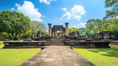 The ancient city of Polonnaruwa, Sri Lanka, with well-preserved ruins and lush greenery. Copy space availableの素材