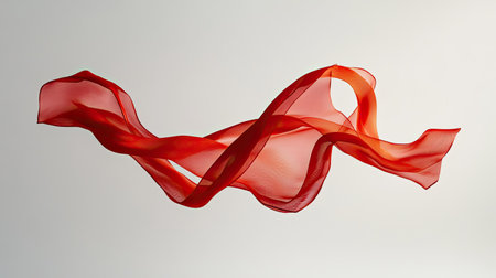 Elegant red ribbon captured mid-air, set against a white backdrop, perfect for highlighting its graceful movementの素材
