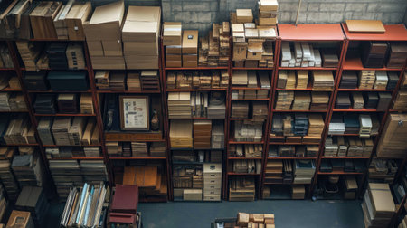 Warehouse storage area with packed shelves, viewed from above, with plenty of copy space available.の素材