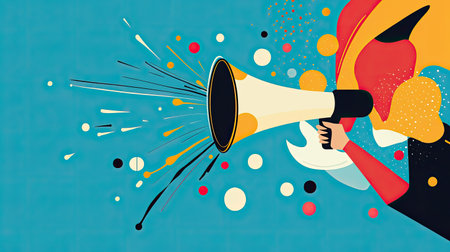 Hand holding a megaphone with abstract lines and shapes spreading out, symbolizing the power of marketing and communicationの素材