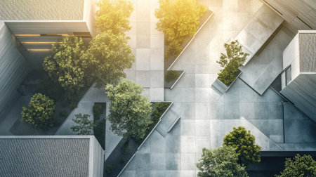 Overhead view of modern podium-style buildings, providing a clean and structured look with room for copy spaceの素材