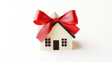 Small house model adorned with a red bow, set against a white background with ample space for text or designの素材