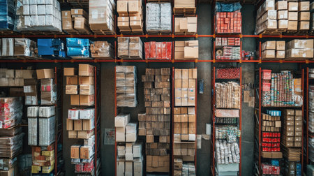 Organized warehouse shelves filled with goods in boxes, captured from above, leaving room for text.の素材