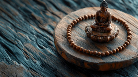 Jain prayer beads (Mala) and a small idol of Lord Mahavira on a wooden platform. High angle view, copy spaceの素材