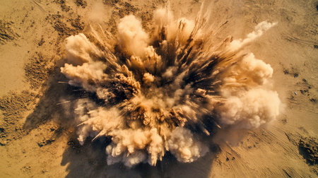 Top view of a powerful explosion in a sandy desert landscape, leaving room for copy space in the scene.の素材